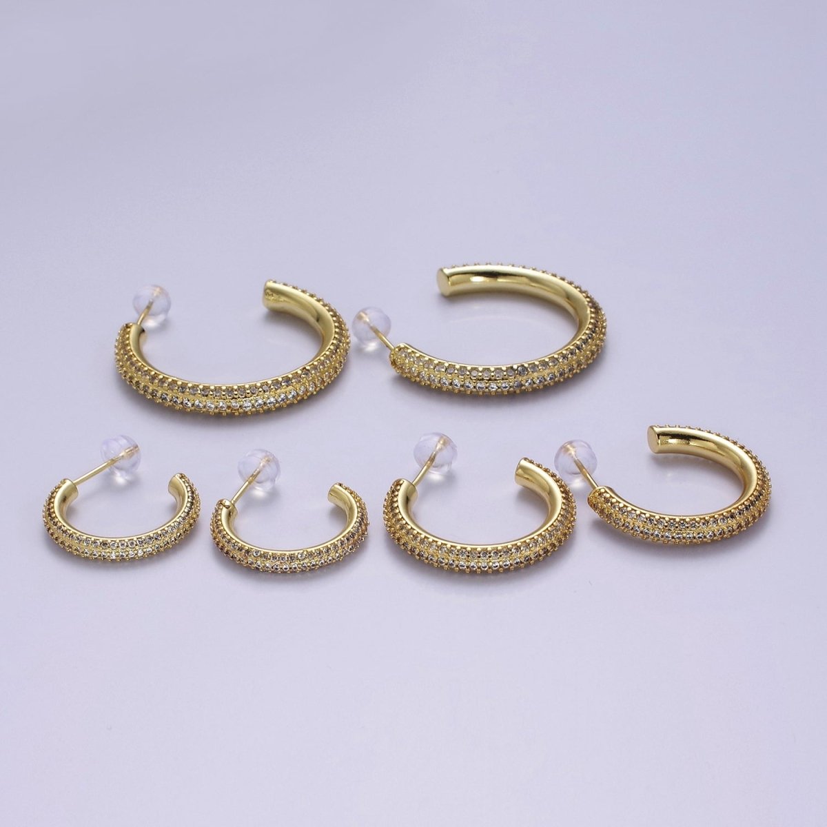 24K Gold plated 20mm, 25mm, 35mm Clear CZ Micro Paved C Shaped Hoop Stud Earrings | V164 - V166 - DLUXCA