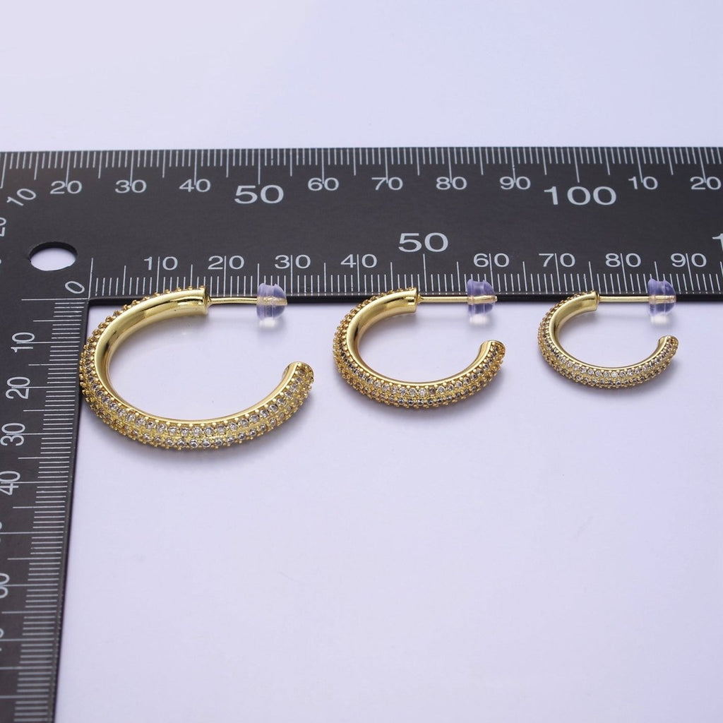 24K Gold plated 20mm, 25mm, 35mm Clear CZ Micro Paved C Shaped Hoop Stud Earrings | V164 - V166 - DLUXCA