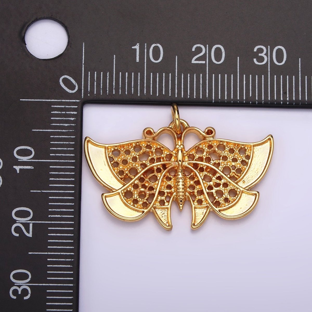24K Gold plated 20mm Antenna Butterfly Open Round Dotted Wings Insect Animal Charm | AC863 - DLUXCA