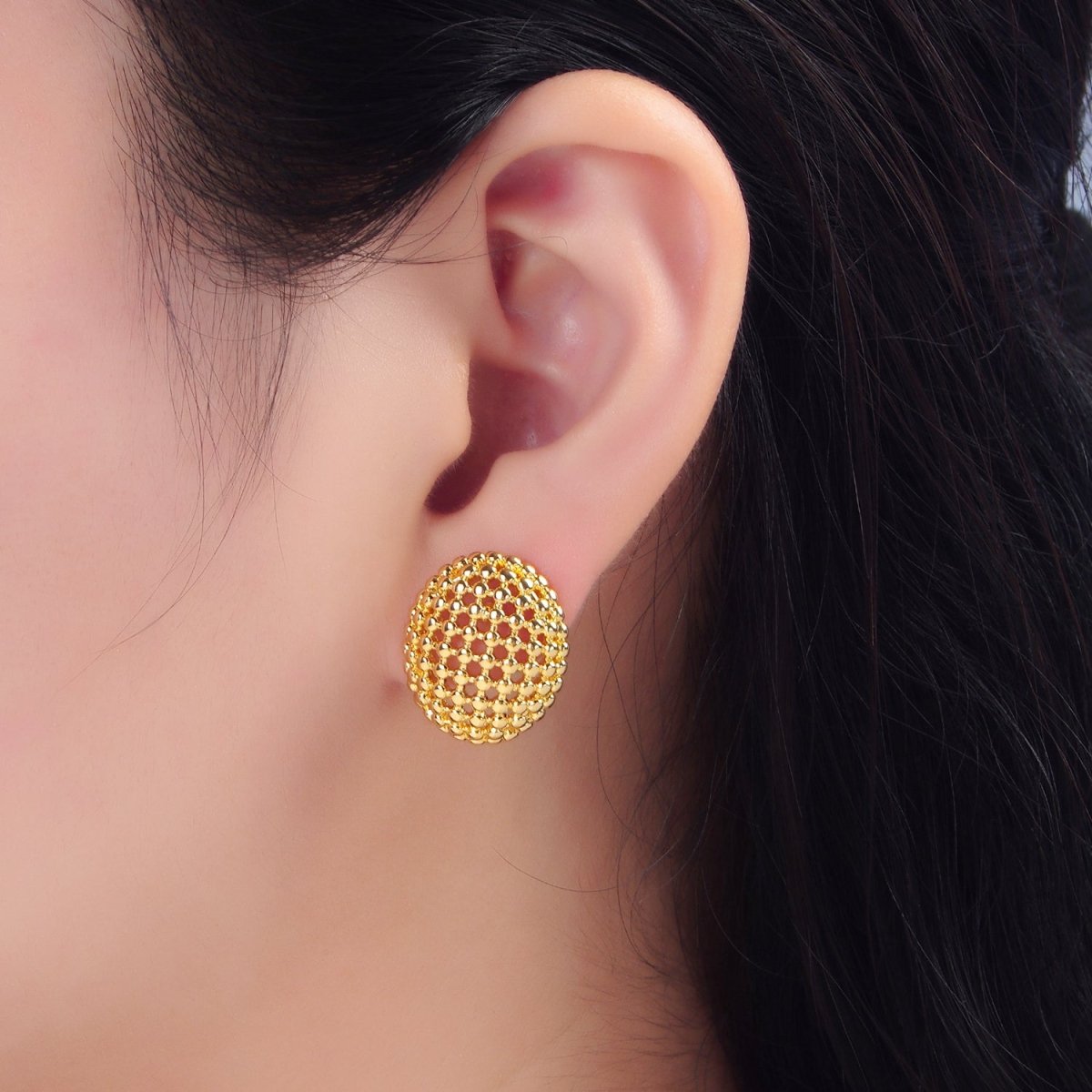 24K Gold plated 20mm Dotted Oval Geometric Stud Earrings | P124 - DLUXCA