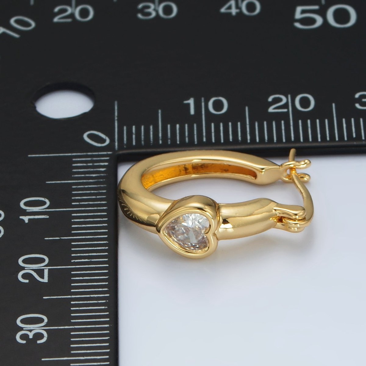 24K Gold plated 20mm Heart CZ Oblong Latch Hoop Earrings | AB1229 - DLUXCA