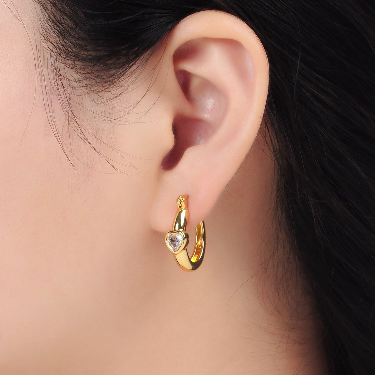 24K Gold plated 20mm Heart CZ Oblong Latch Hoop Earrings | AB1229 - DLUXCA