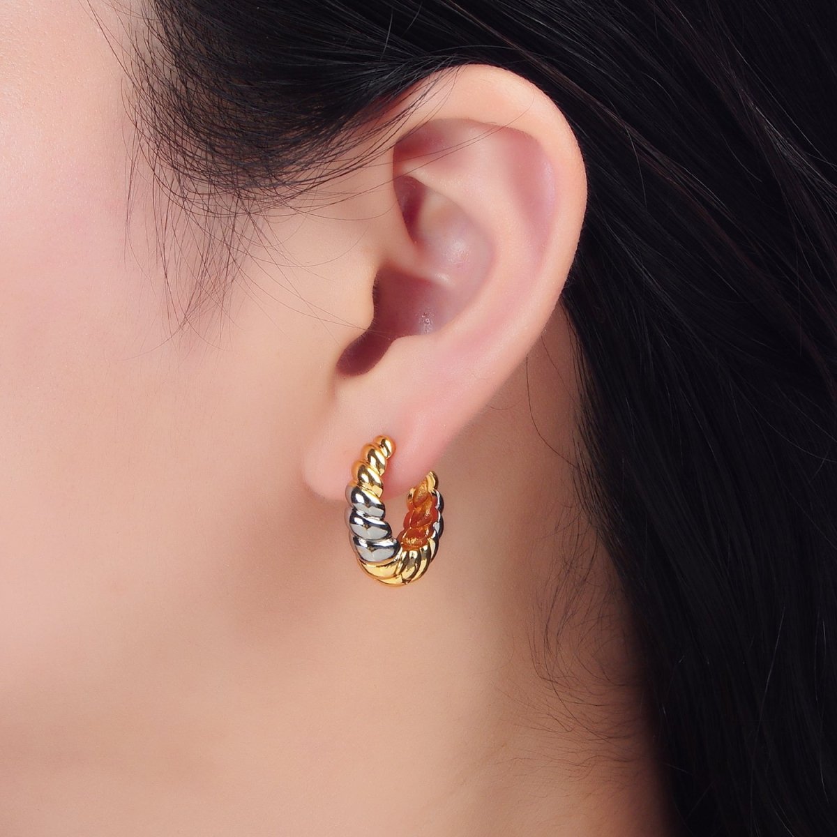 24K Gold plated 20mm Mixed Metal Croissant Minimalist Huggie Earrings | P212 - DLUXCA