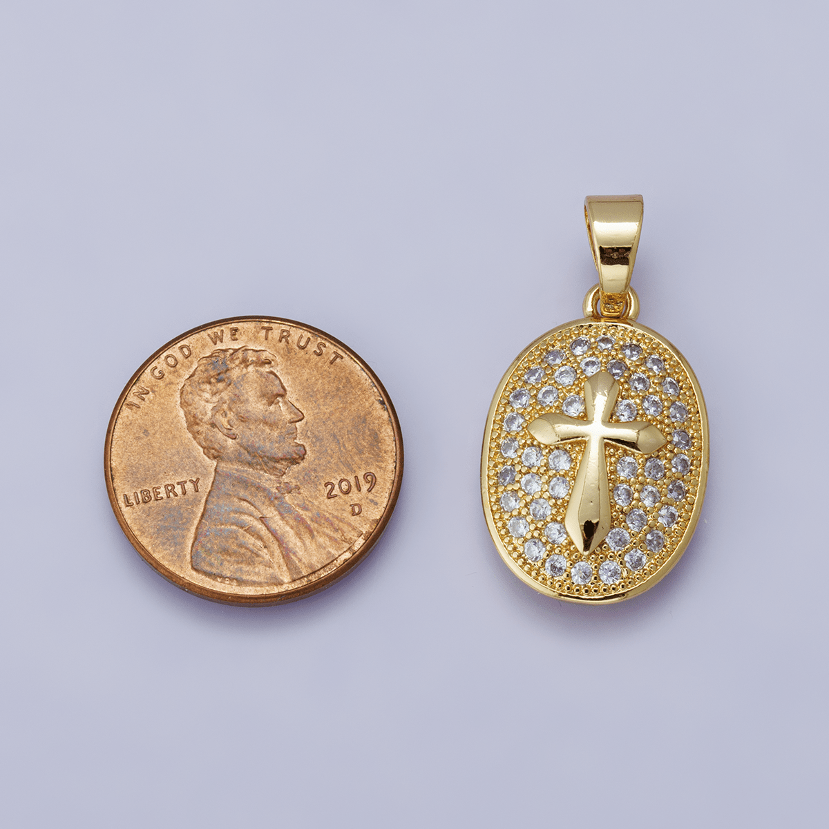 24K Gold plated 21mm Micro Paved CZ Cross Oval Religious Pendant | H00096 - DLUXCA