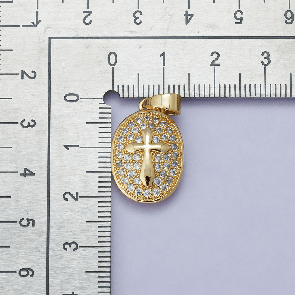 24K Gold plated 21mm Micro Paved CZ Cross Oval Religious Pendant | H00096 - DLUXCA