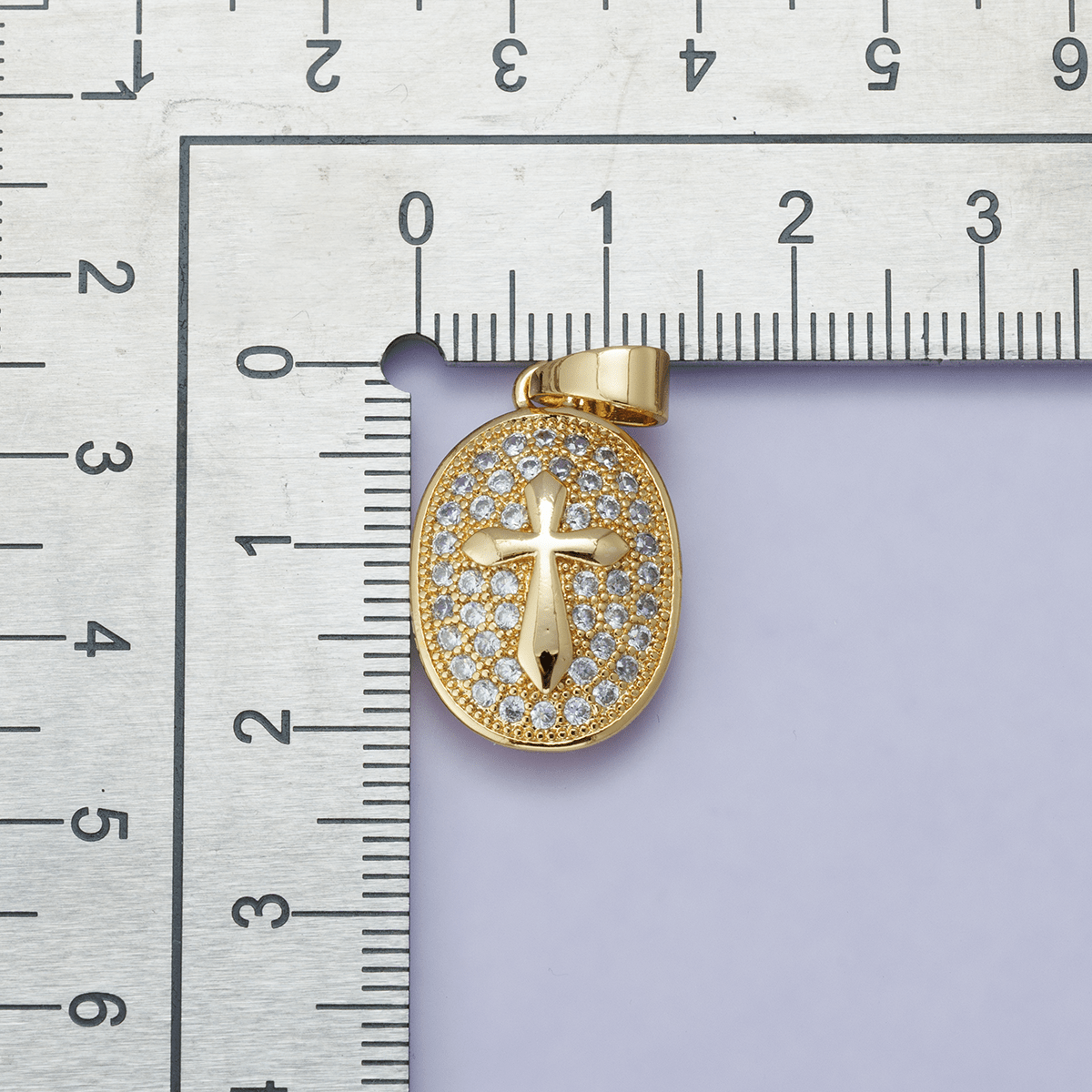 24K Gold plated 21mm Micro Paved CZ Cross Oval Religious Pendant | H00096 - DLUXCA