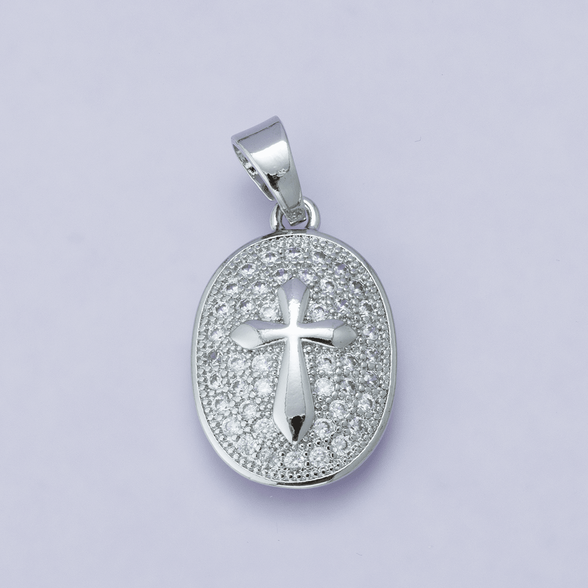 24K Gold plated 21mm Micro Paved CZ Cross Oval Religious Pendant | H00096 - DLUXCA