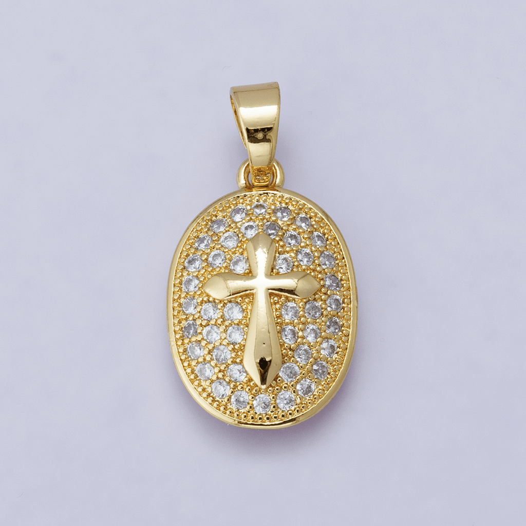 24K Gold plated 21mm Micro Paved CZ Cross Oval Religious Pendant | H00096 - DLUXCA