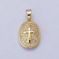 24K Gold plated 21mm Micro Paved CZ Cross Oval Religious Pendant | H00096 - DLUXCA