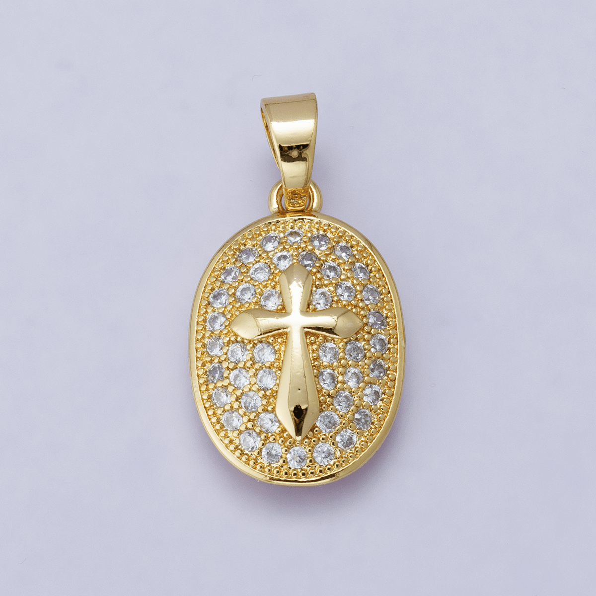 24K Gold plated 21mm Micro Paved CZ Cross Oval Religious Pendant | H00096 - DLUXCA