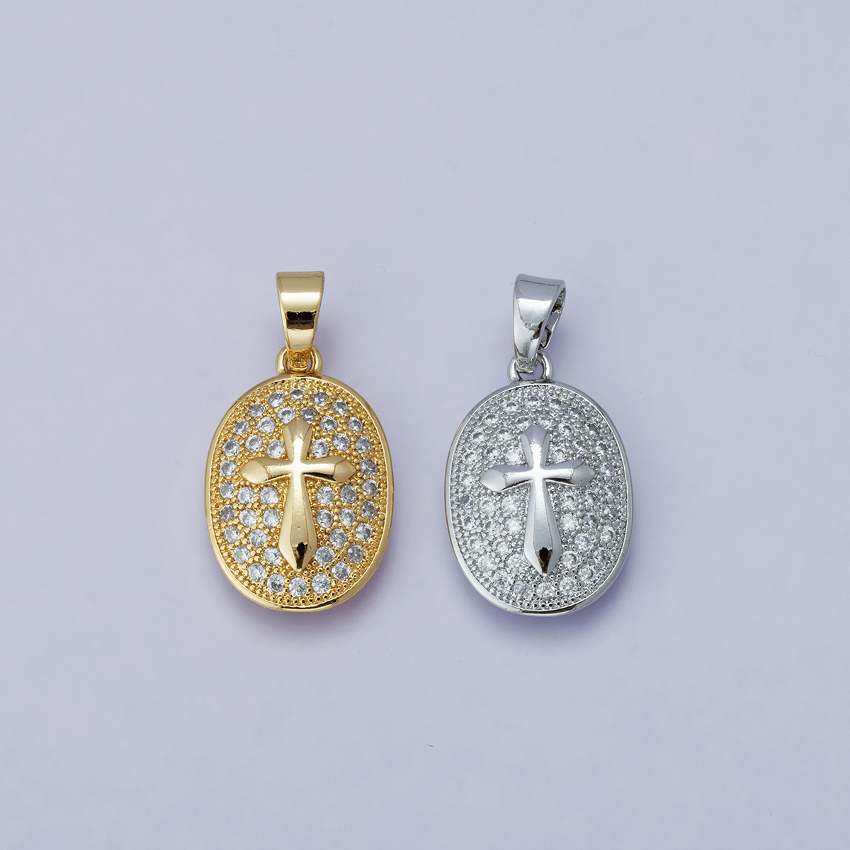 24K Gold plated 21mm Micro Paved CZ Cross Oval Religious Pendant | H00096 - DLUXCA