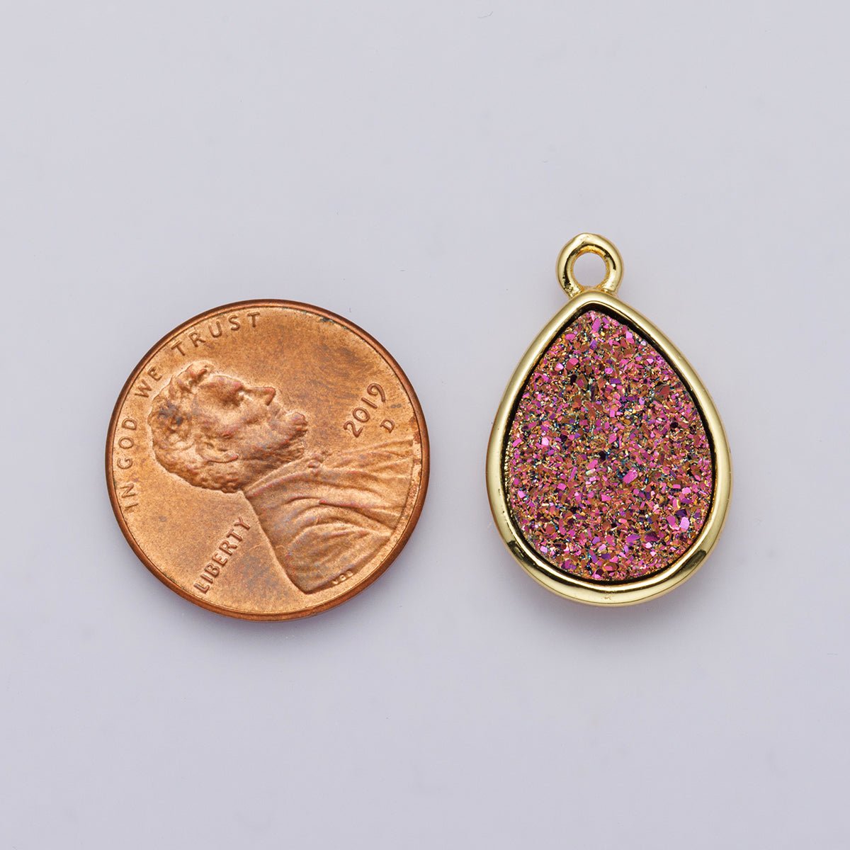 24K Gold plated 22mm Pink, Purple Glitter Druzy Teardrop Charm | E00439 - DLUXCA