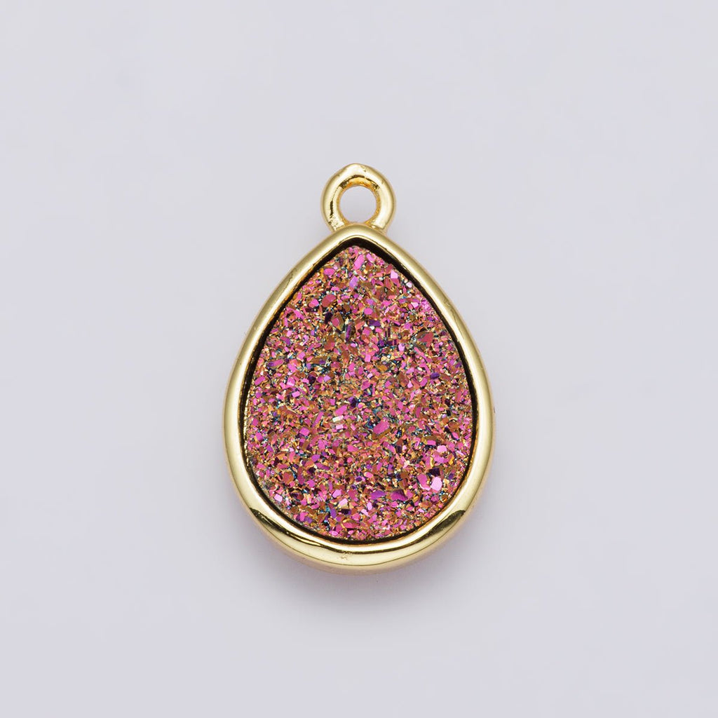 24K Gold plated 22mm Pink, Purple Glitter Druzy Teardrop Charm | E00439 - DLUXCA