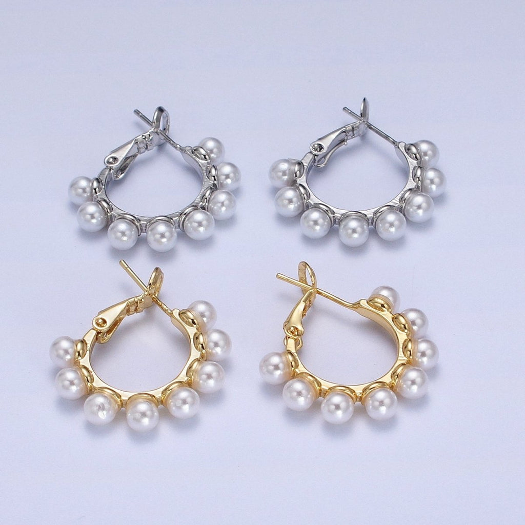 24K Gold plated 23.5mm Pearl Lined Hinged Lock Hoop Earrings in Gold & Silver | AB346 AB347