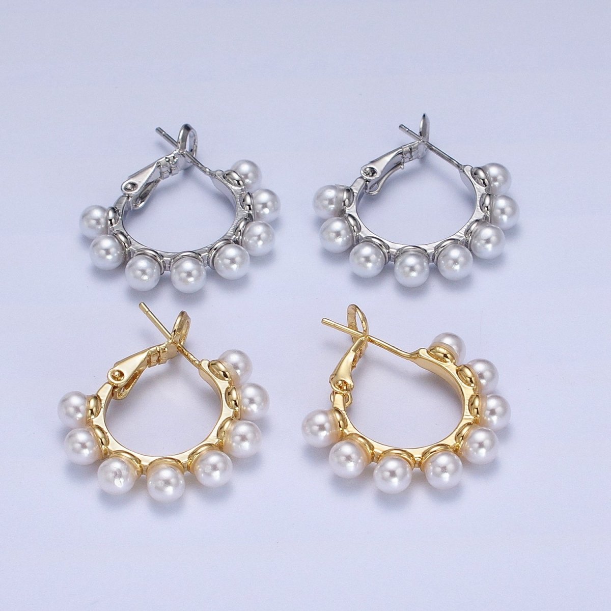24K Gold plated 23.5mm Pearl Lined Hinged Lock Hoop Earrings in Gold & Silver | AB346 AB347