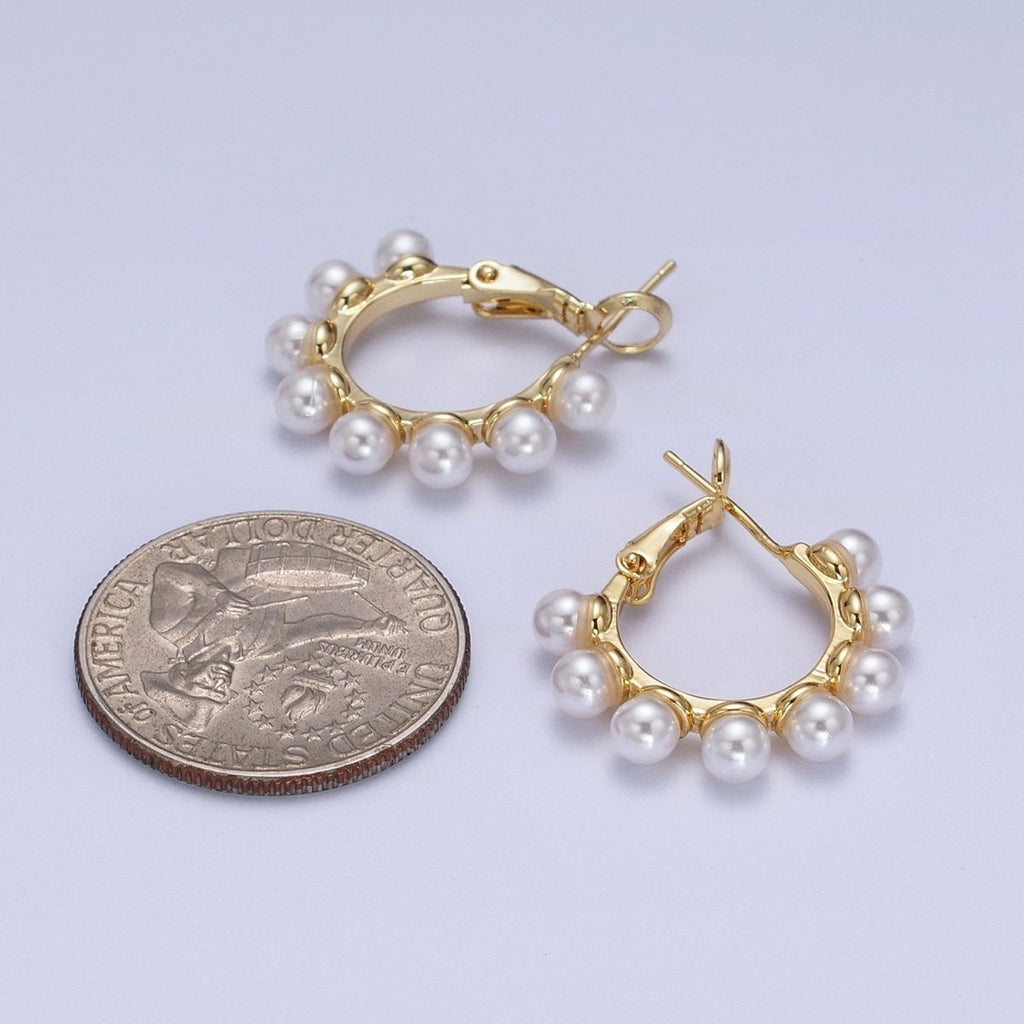 24K Gold plated 23.5mm Pearl Lined Hinged Lock Hoop Earrings in Gold & Silver | AB346 AB347