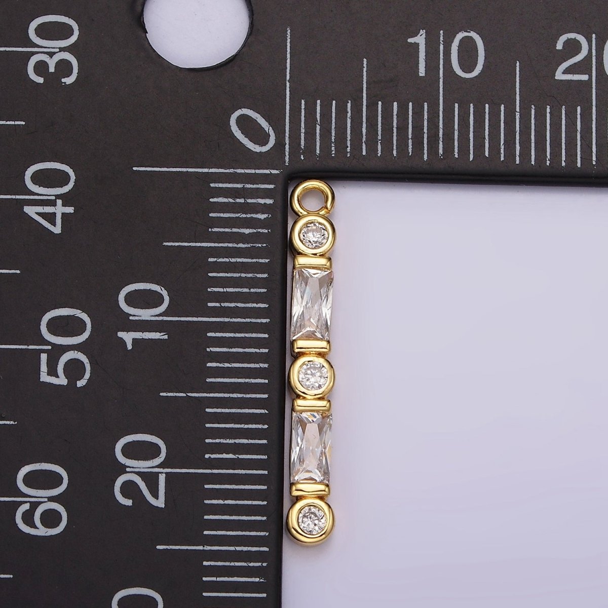 24K Gold plated 24mm Clear CZ Baguette Round Bezel Linear Charm | AC883 - DLUXCA