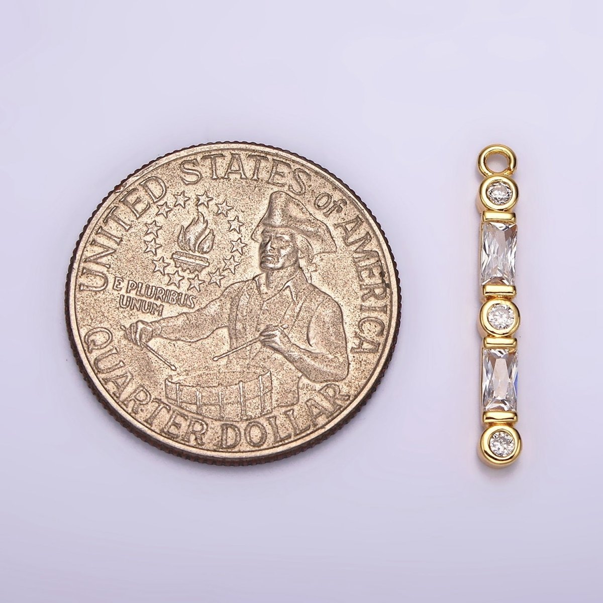 24K Gold plated 24mm Clear CZ Baguette Round Bezel Linear Charm | AC883 - DLUXCA