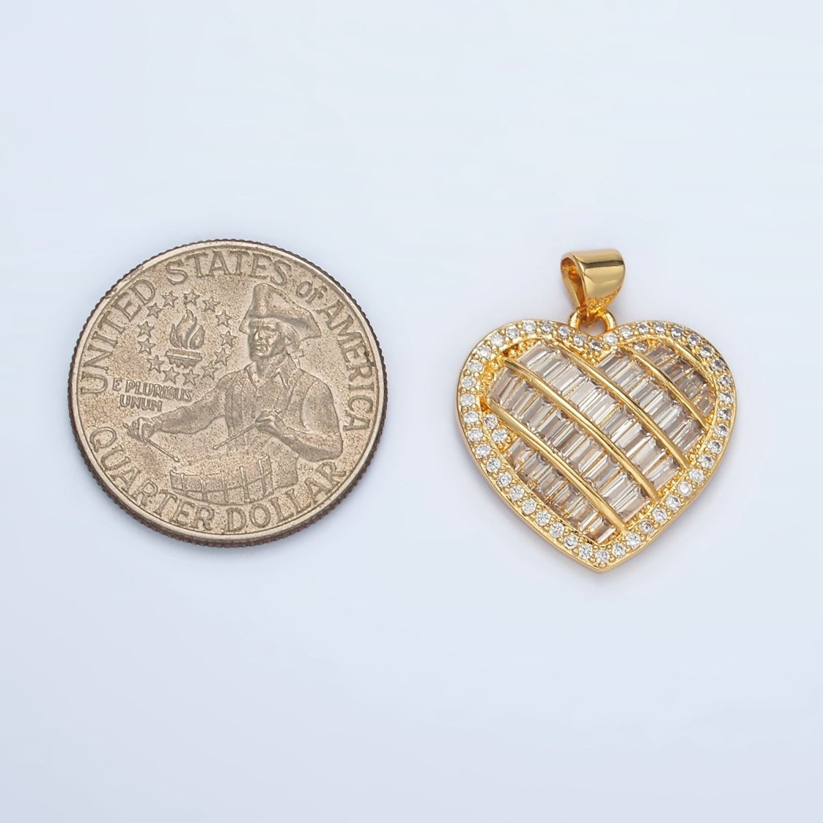 24K Gold plated 25mm Baguette Micro Paved CZ Lined Heart Pendant | I459 - DLUXCA