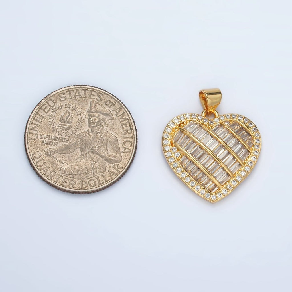 24K Gold plated 25mm Baguette Micro Paved CZ Lined Heart Pendant | I459 - DLUXCA