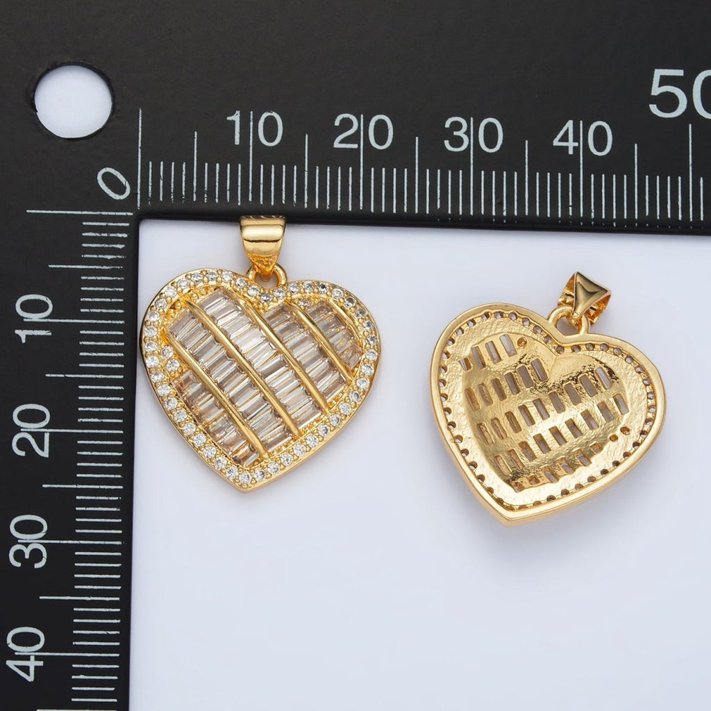 24K Gold plated 25mm Baguette Micro Paved CZ Lined Heart Pendant | I459 - DLUXCA