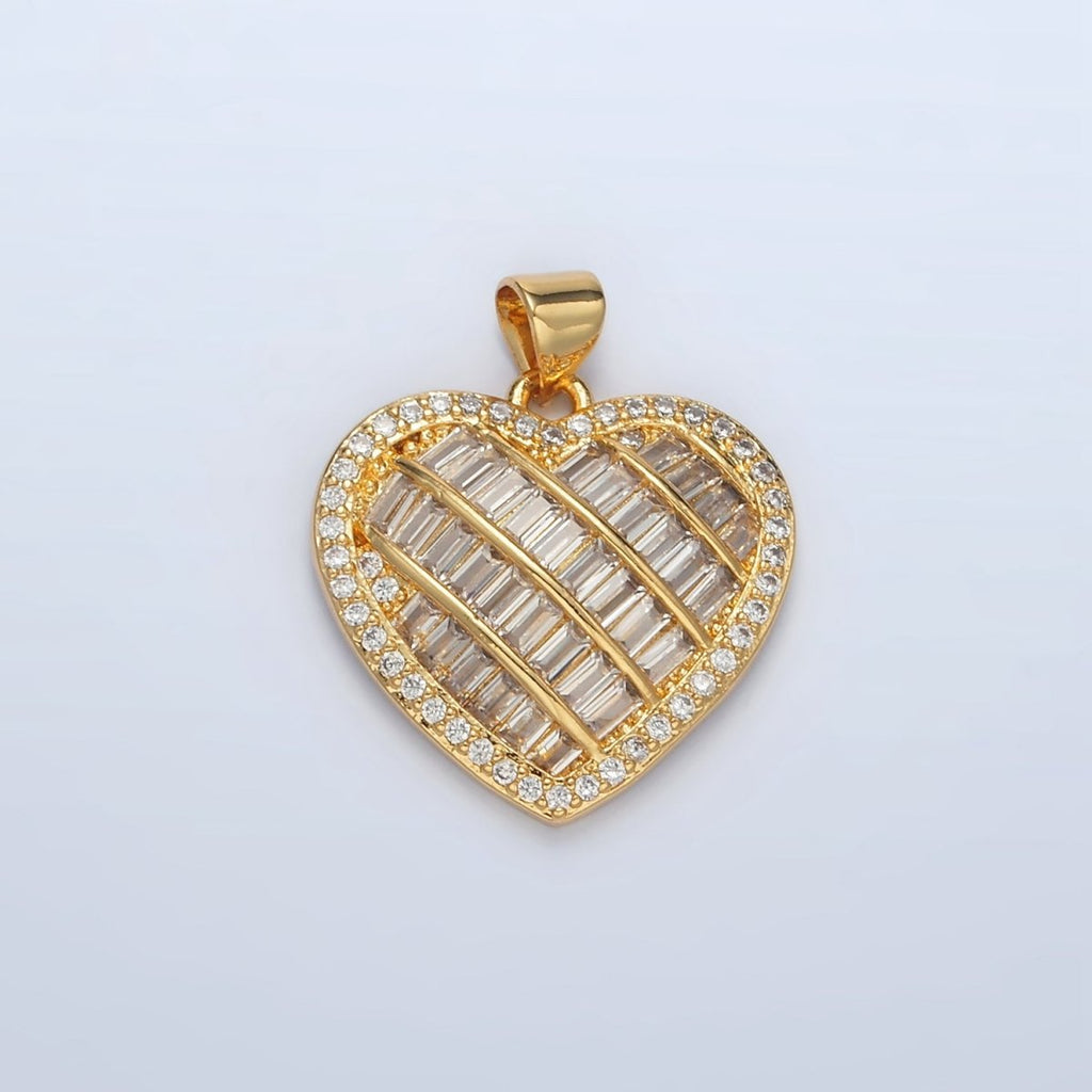 24K Gold plated 25mm Baguette Micro Paved CZ Lined Heart Pendant | I459 - DLUXCA