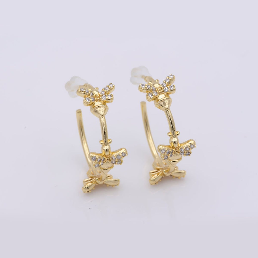 24K Gold plated 25mm Bumble Queen Bee Micro Paved CZ C - Shaped Hoop Earrings | AB1212 - DLUXCA