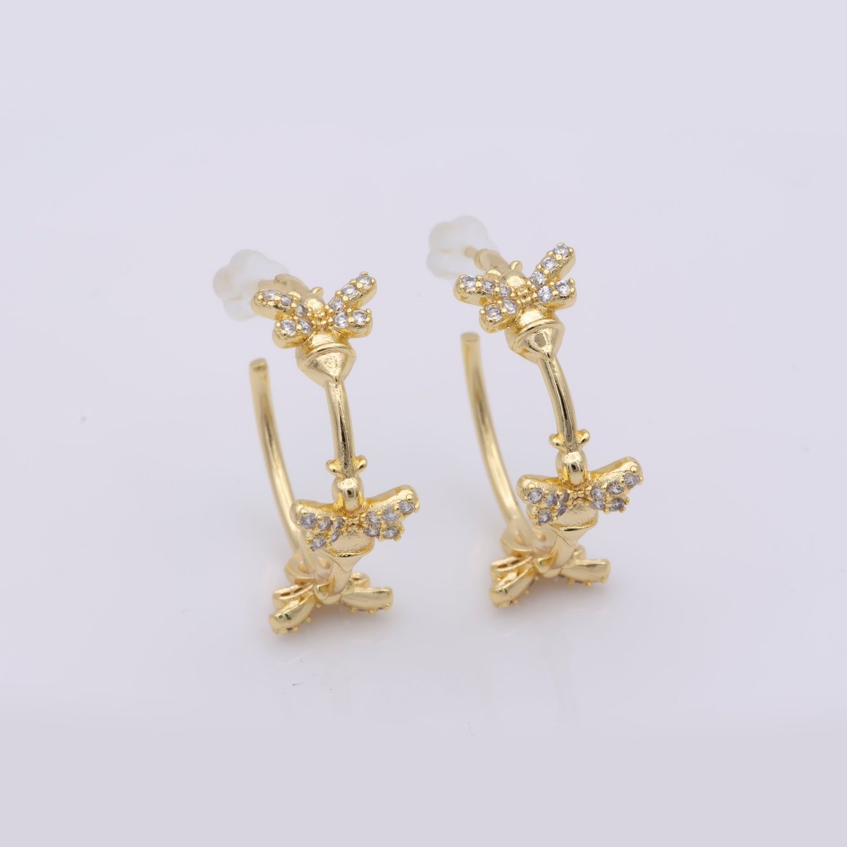 24K Gold plated 25mm Bumble Queen Bee Micro Paved CZ C - Shaped Hoop Earrings | AB1212 - DLUXCA