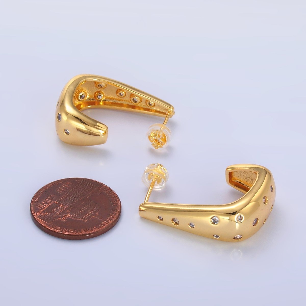 24K Gold plated 25mm Clear CZ Dotted J - Shaped Hoop Earrings | AD200 