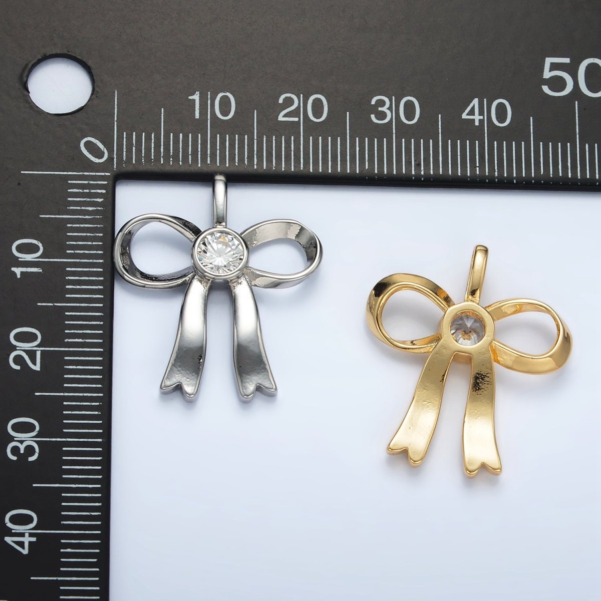 24K Gold plated 25mm CZ Ribbon Bow Pendant in Gold & Silver | AA1411 - DLUXCA