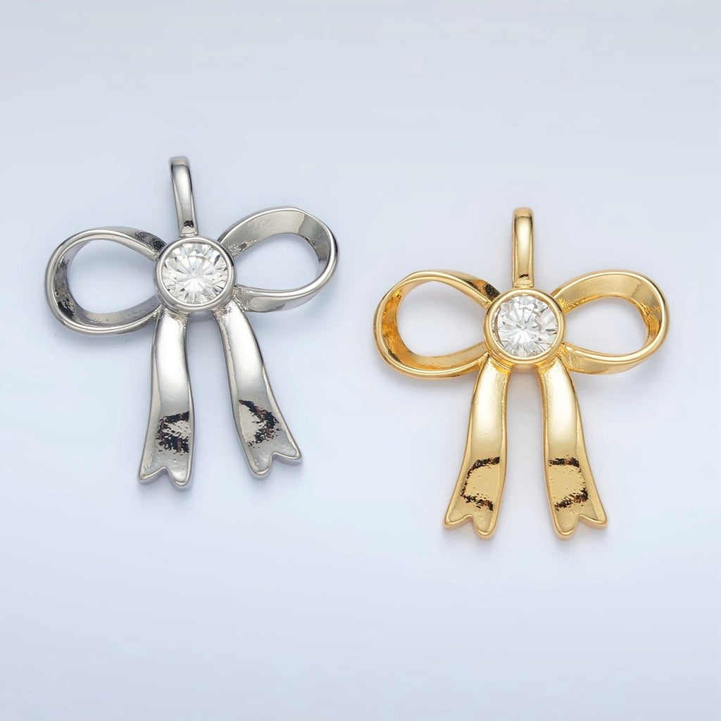 24K Gold plated 25mm CZ Ribbon Bow Pendant in Gold & Silver | AA1411 - DLUXCA