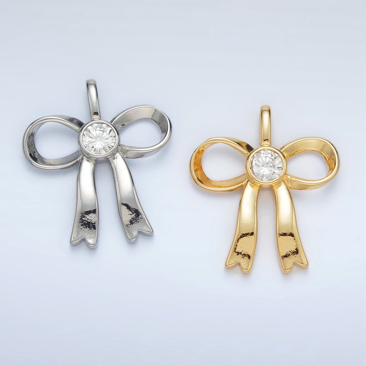 24K Gold plated 25mm CZ Ribbon Bow Pendant in Gold & Silver | AA1411 - DLUXCA