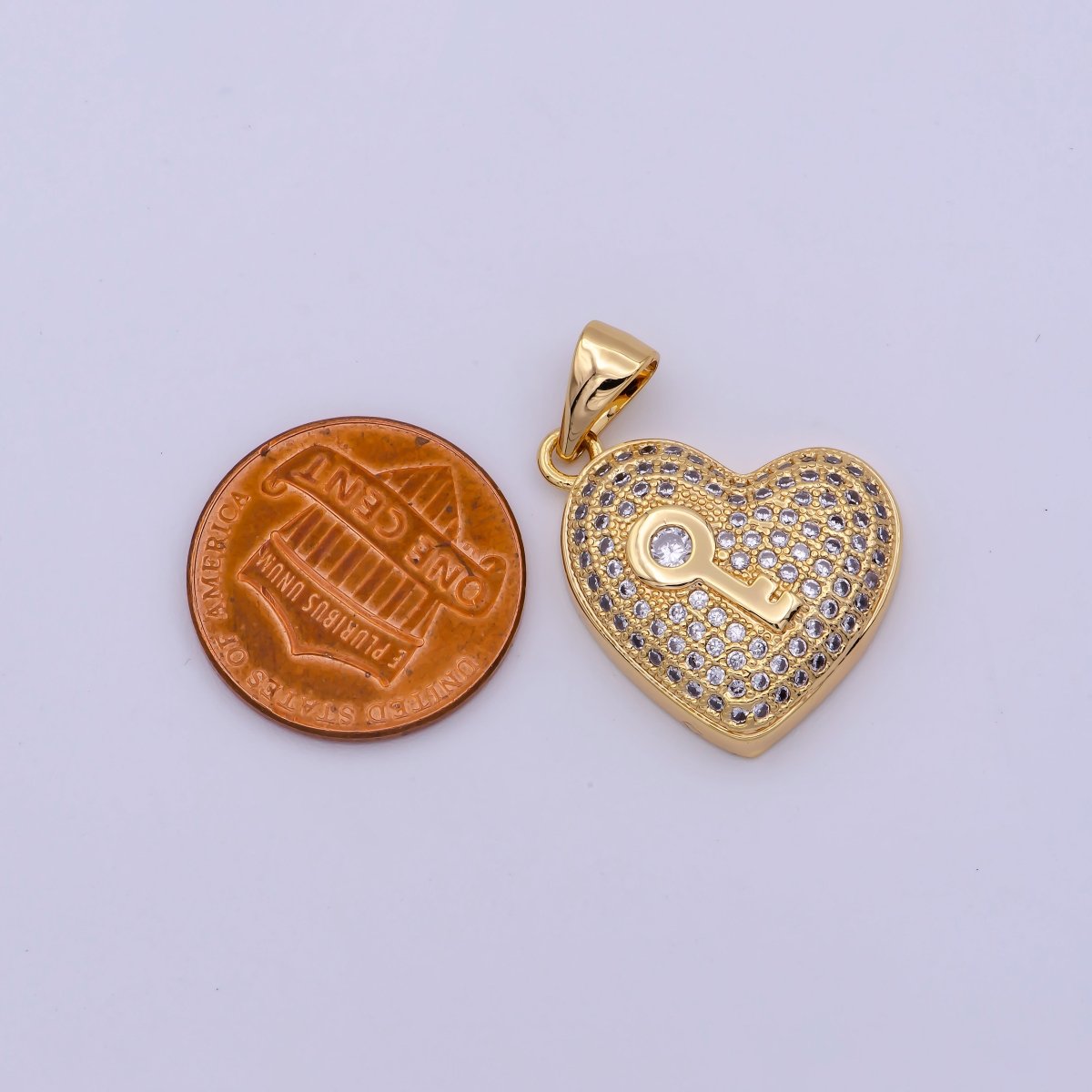 24K Gold plated 25mm Key Micro Paved Clear CZ Heart Pendant | N-1429 - DLUXCA