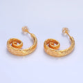 24K Gold plated 25mm Line - Textured Circular J - Shaped Hoop Earrings | AB1470 