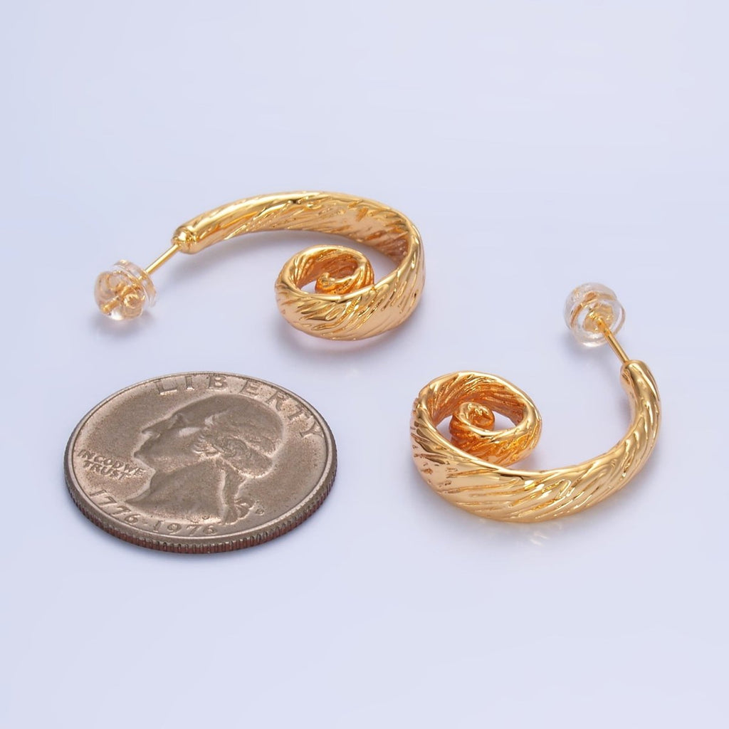 24K Gold plated 25mm Line - Textured Circular J - Shaped Hoop Earrings | AB1470 