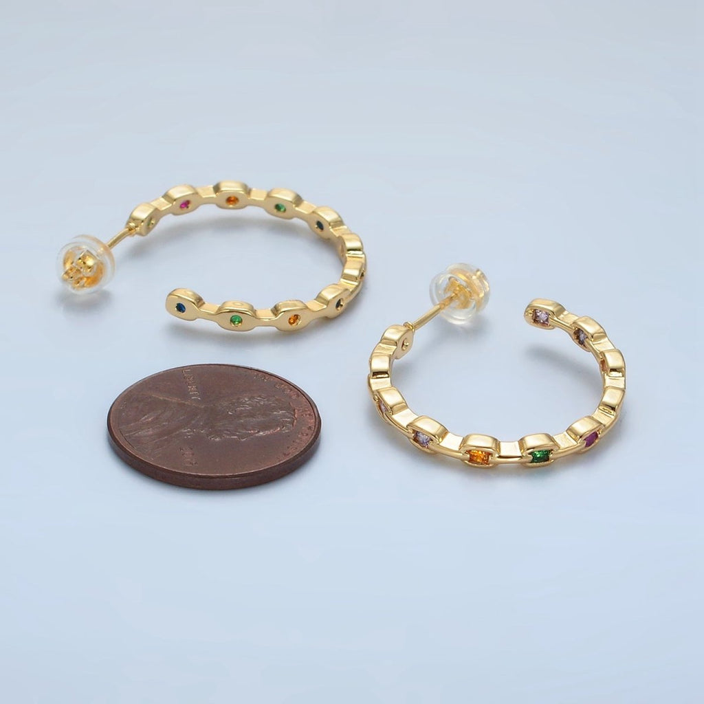 24K Gold plated 25mm Multicolor CZ Front - Facing Chain C - Shaped Hoop Earrings | AD733 - DLUXCA