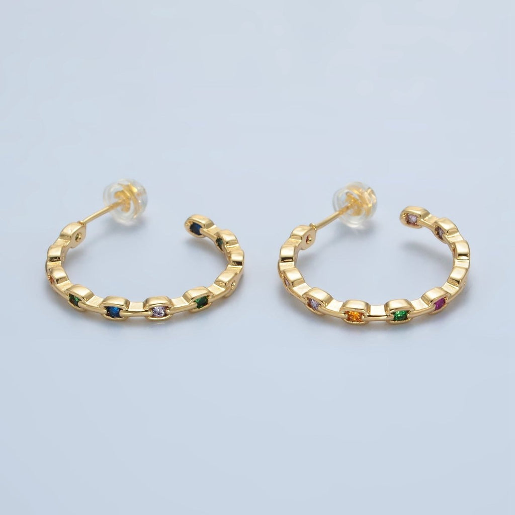 24K Gold plated 25mm Multicolor CZ Front - Facing Chain C - Shaped Hoop Earrings | AD733 - DLUXCA