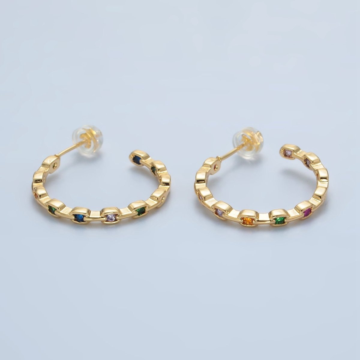 24K Gold plated 25mm Multicolor CZ Front - Facing Chain C - Shaped Hoop Earrings | AD733 - DLUXCA