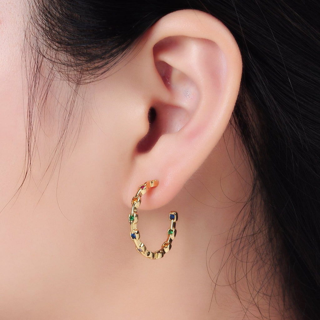 24K Gold plated 25mm Multicolor CZ Front - Facing Chain C - Shaped Hoop Earrings | AD733 - DLUXCA
