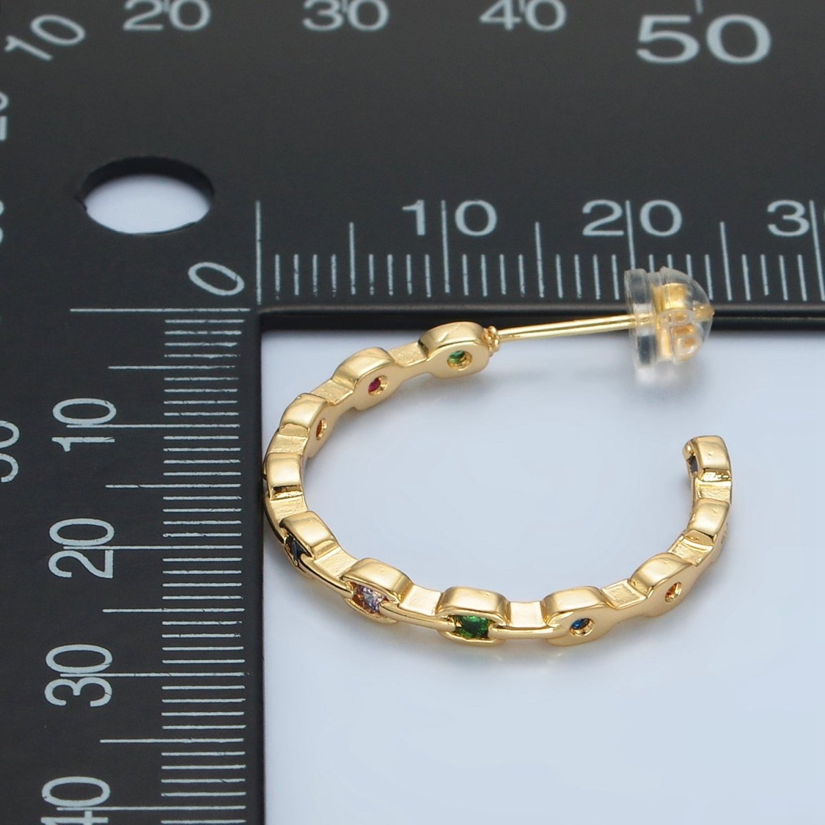 24K Gold plated 25mm Multicolor CZ Front - Facing Chain C - Shaped Hoop Earrings | AD733 - DLUXCA