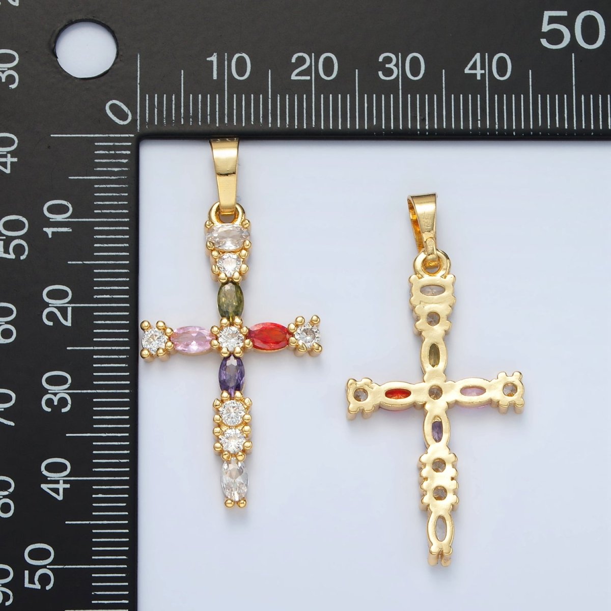 24K Gold plated 25mm Multicolor CZ Marquise Religious Cross Pendant | I252 - DLUXCA