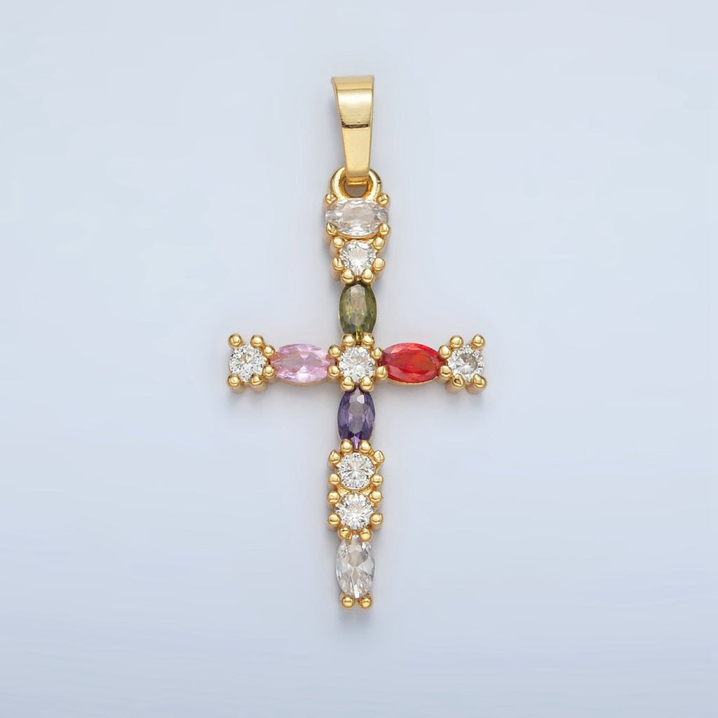 24K Gold plated 25mm Multicolor CZ Marquise Religious Cross Pendant | I252 - DLUXCA
