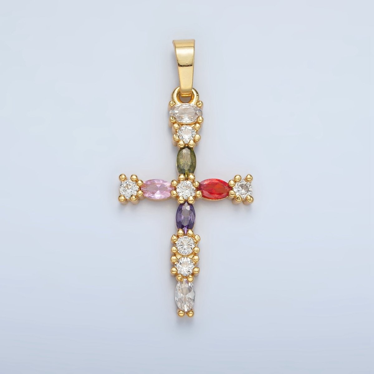 24K Gold plated 25mm Multicolor CZ Marquise Religious Cross Pendant | I252 - DLUXCA