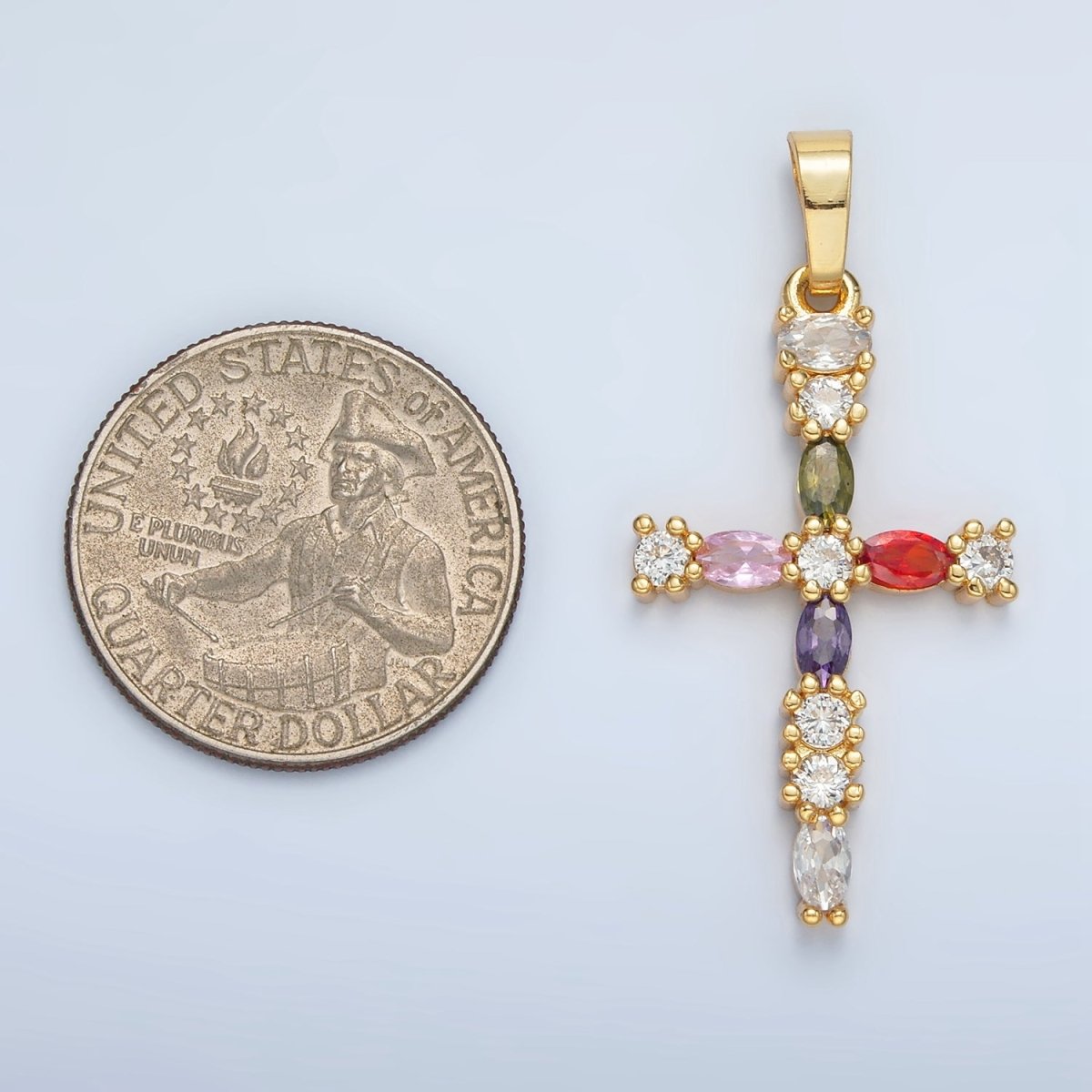 24K Gold plated 25mm Multicolor CZ Marquise Religious Cross Pendant | I252 - DLUXCA