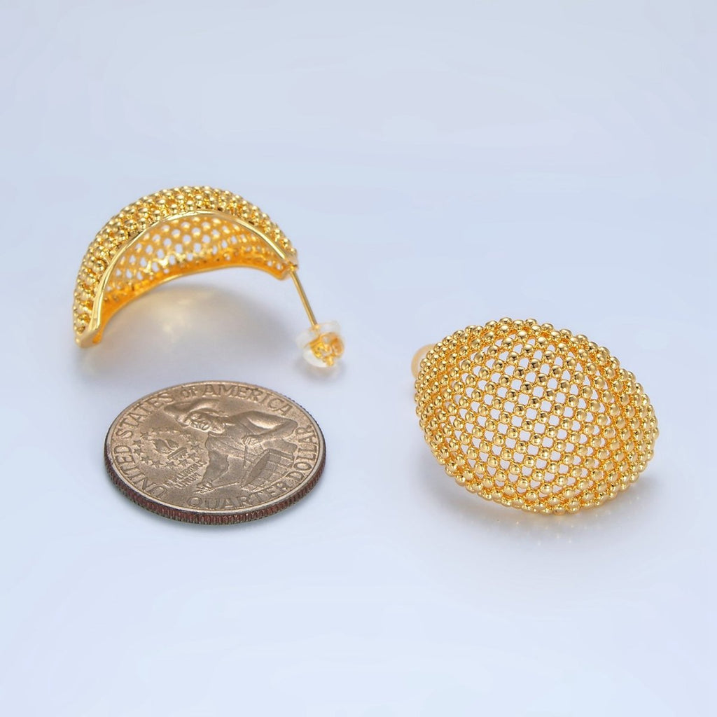 24K Gold plated 27mm Dotted Dome Geometric C - Shaped Hoop Earrings | P130 - DLUXCA