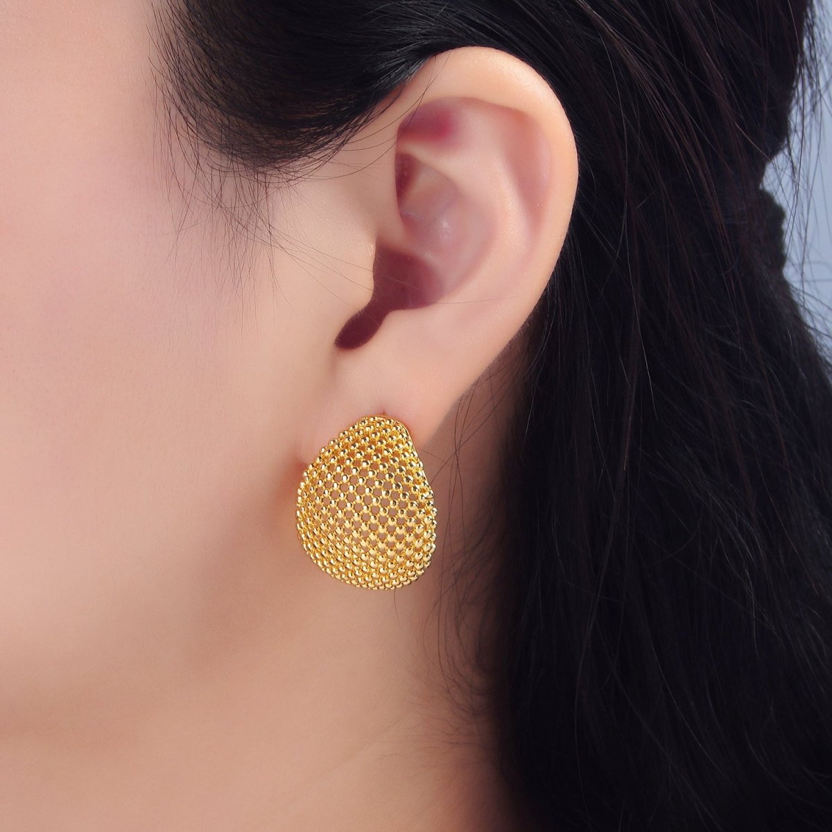 24K Gold plated 27mm Dotted Dome Geometric C - Shaped Hoop Earrings | P130 - DLUXCA