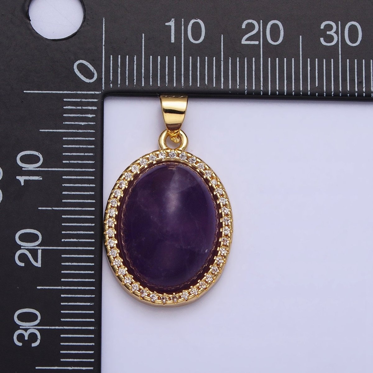 24K Gold plated 27mm Purple Amethyst Natural Gemstone Oval Cabochon Micro Paved CZ Pendant | AA323 - DLUXCA