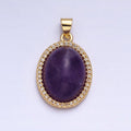24K Gold plated 27mm Purple Amethyst Natural Gemstone Oval Cabochon Micro Paved CZ Pendant | AA323 - DLUXCA