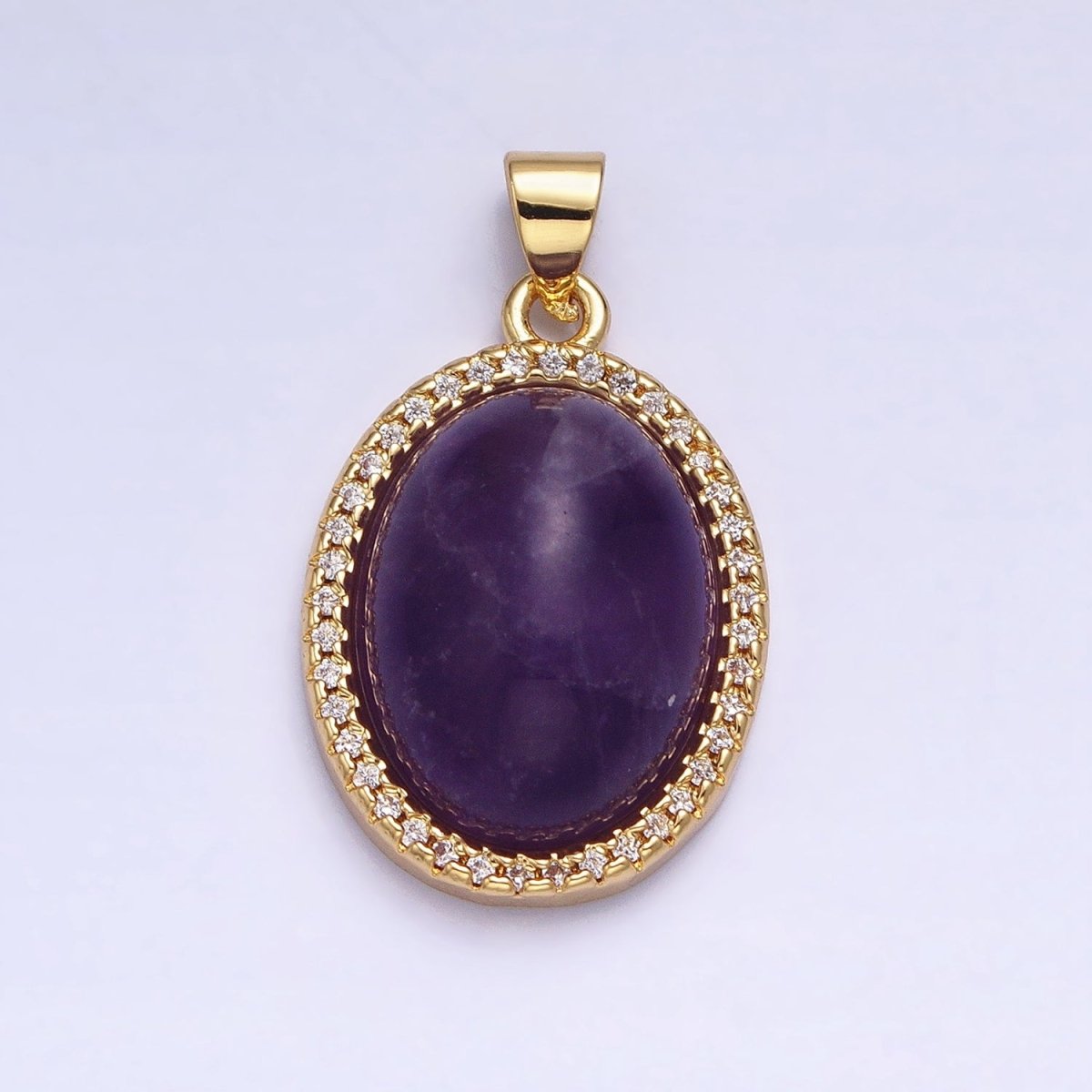 24K Gold plated 27mm Purple Amethyst Natural Gemstone Oval Cabochon Micro Paved CZ Pendant | AA323 - DLUXCA