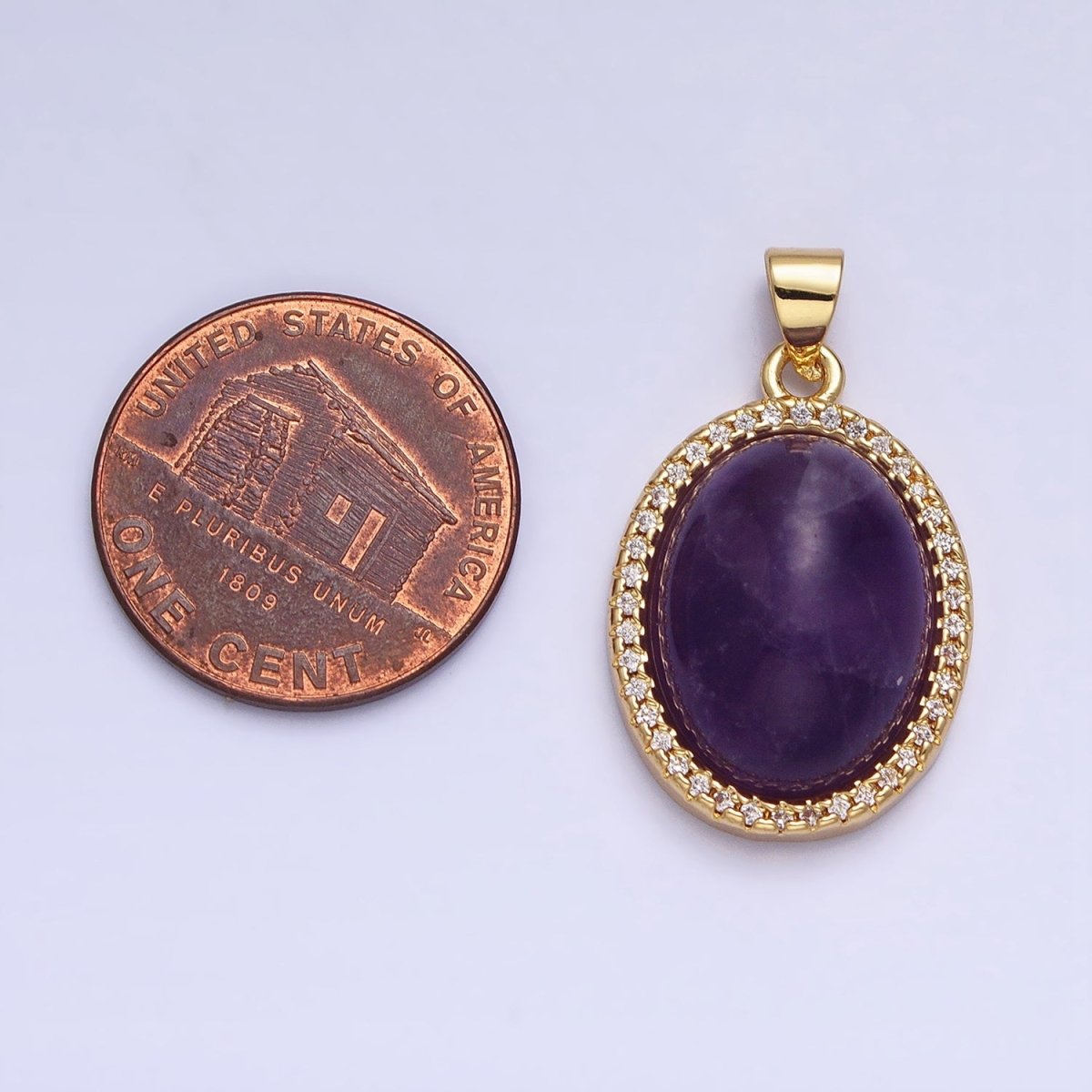 24K Gold plated 27mm Purple Amethyst Natural Gemstone Oval Cabochon Micro Paved CZ Pendant | AA323 - DLUXCA